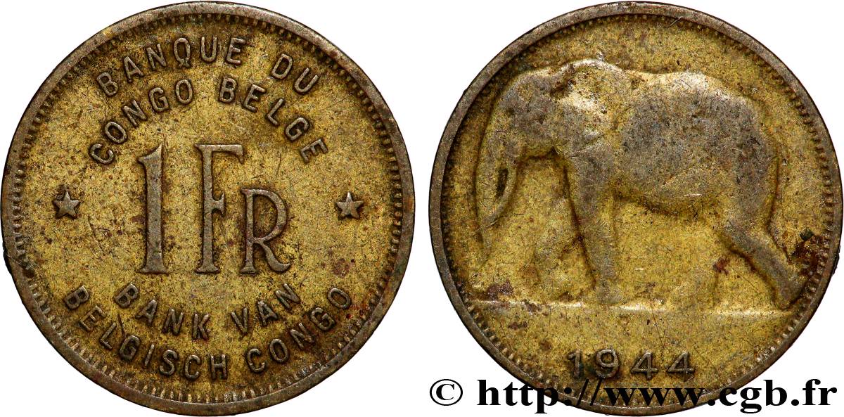 BELGIAN CONGO 1 Franc éléphant 1944 Pretoria VF 