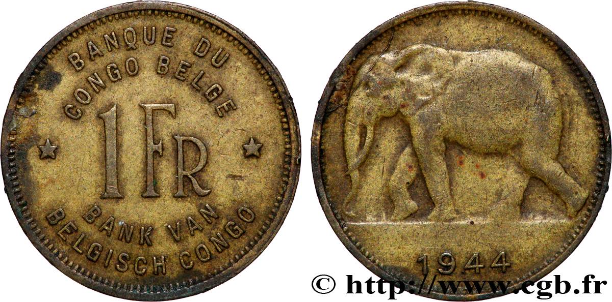CONGO BELGE 1 Franc éléphant 1944 Pretoria TB+ 