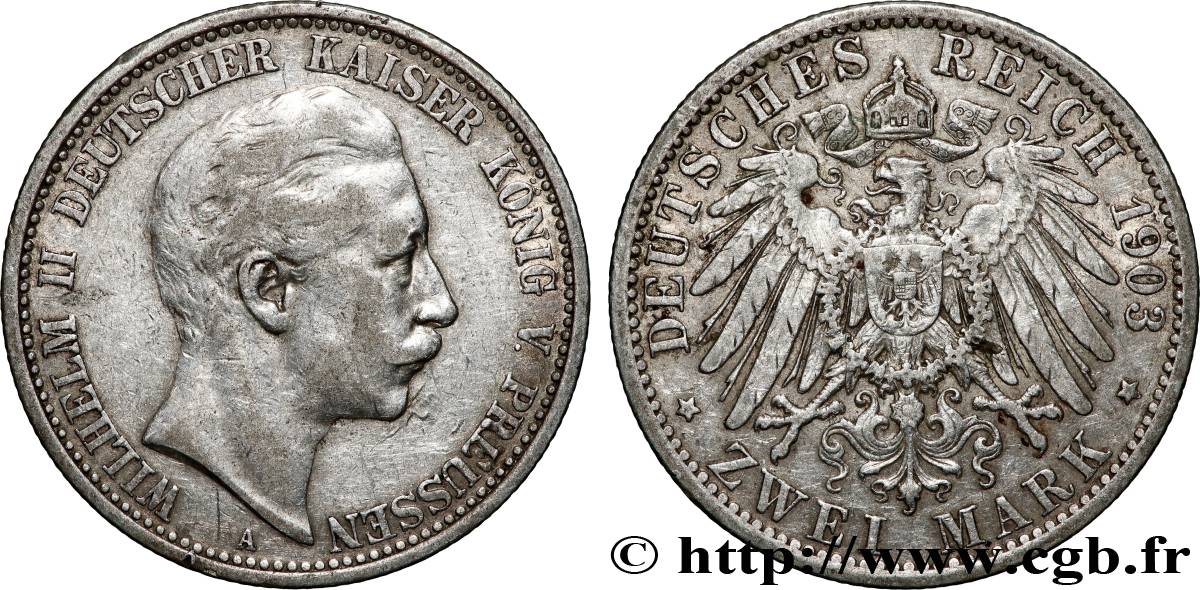 GERMANY - PRUSSIA 2 Mark Guillaume II 1903 Berlin XF 