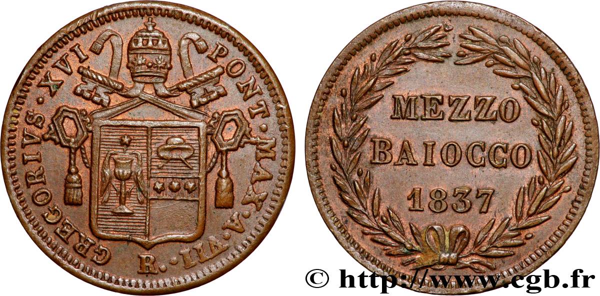 VATICAN AND PAPAL STATES 1/2 Baiocco au nom de Grégoire XVI an VII 1837 Rome AU 