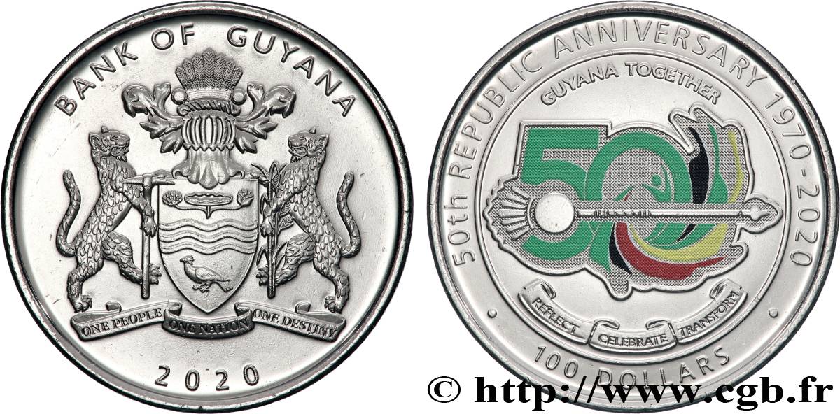 GUYANA 1 Guyana - 100 Dollars 50e anniversaire de la République 2020 Winnipeg MS 