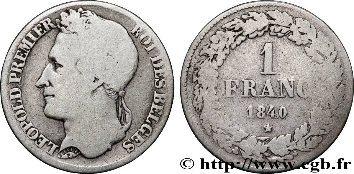 BELGIQUE 1 Franc Léopold tête laurée 1840  B+ 