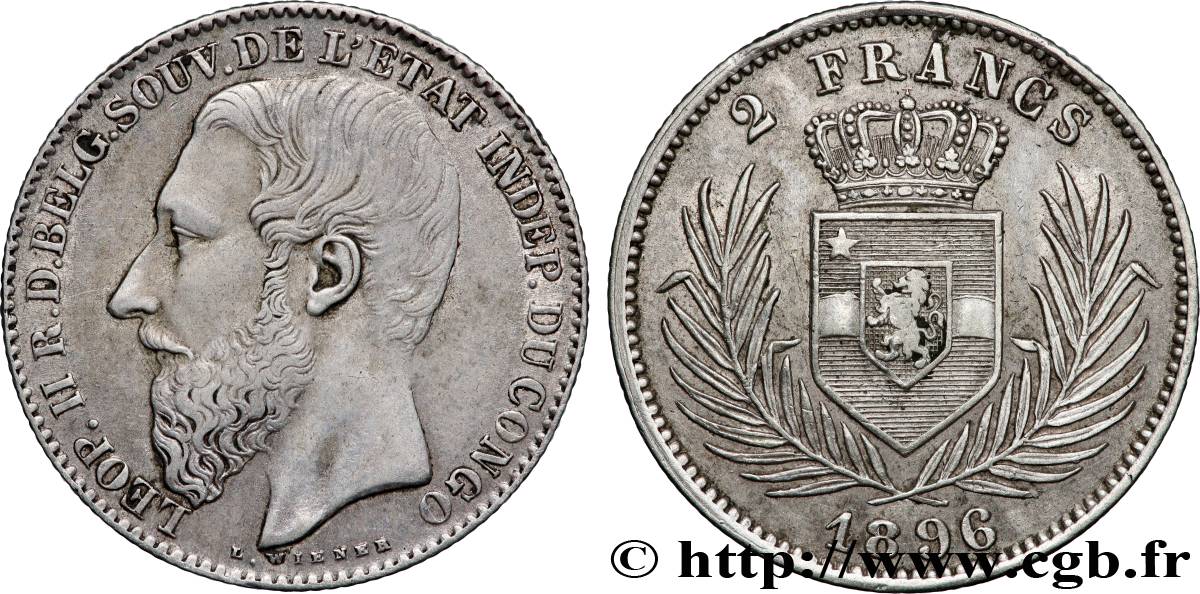 CONGO - ÉTAT INDÉPENDANT DU CONGO - LÉOPOLD II 2 Francs 1891 Bruxelles TTB+ 