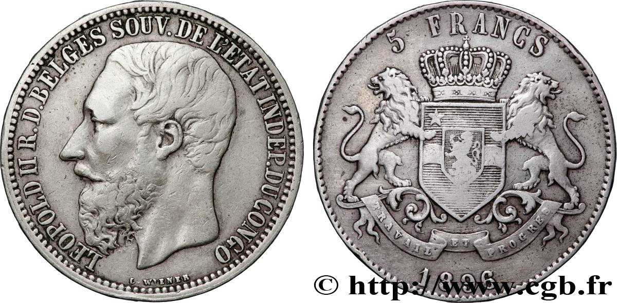 CONGO - ÉTAT INDÉPENDANT DU CONGO - LÉOPOLD II 5 Francs 1896 Bruxelles TTB 