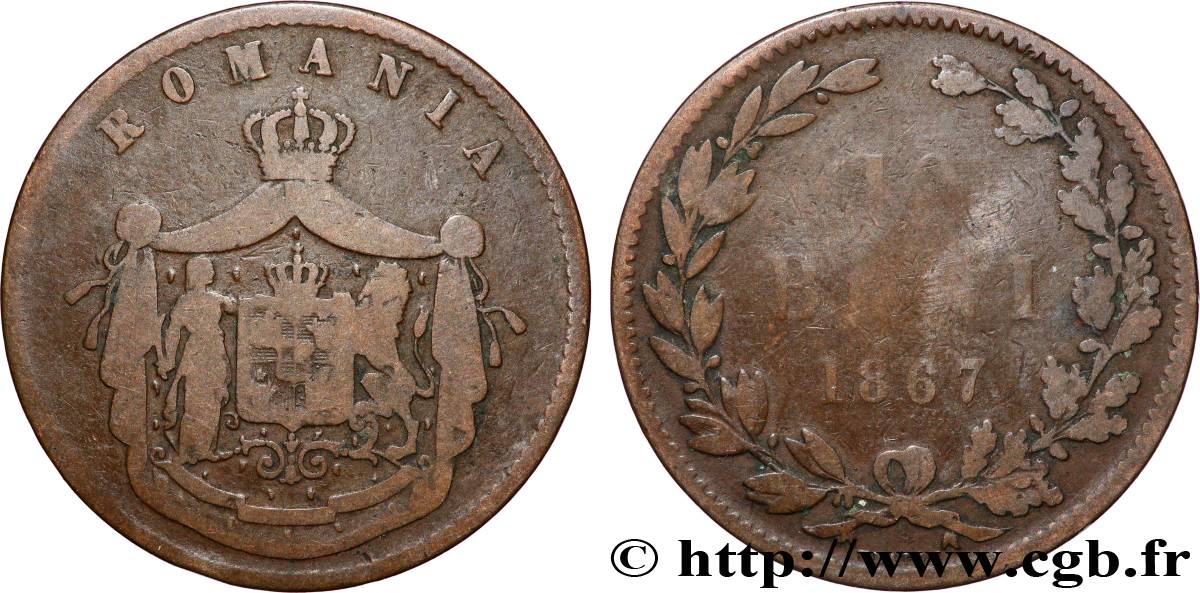 ROMANIA 10 Bani armes 1867 Heaton F 