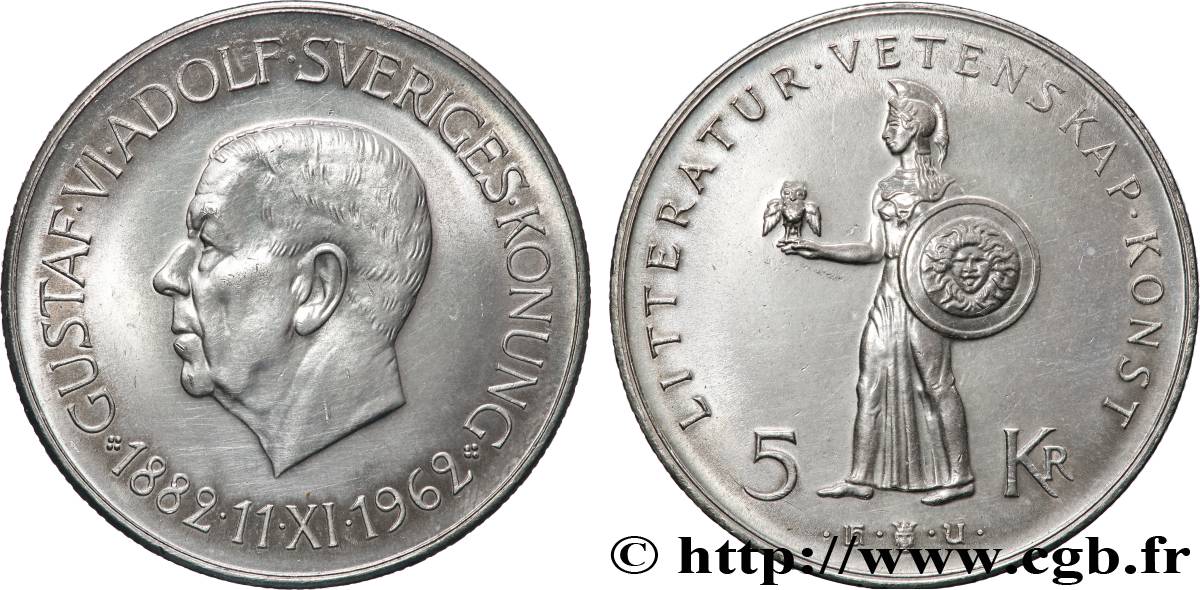 SWEDEN 5 Kronor 80ème anniversaire de Gustave VI Adolf 1962 Kungsholmen AU 