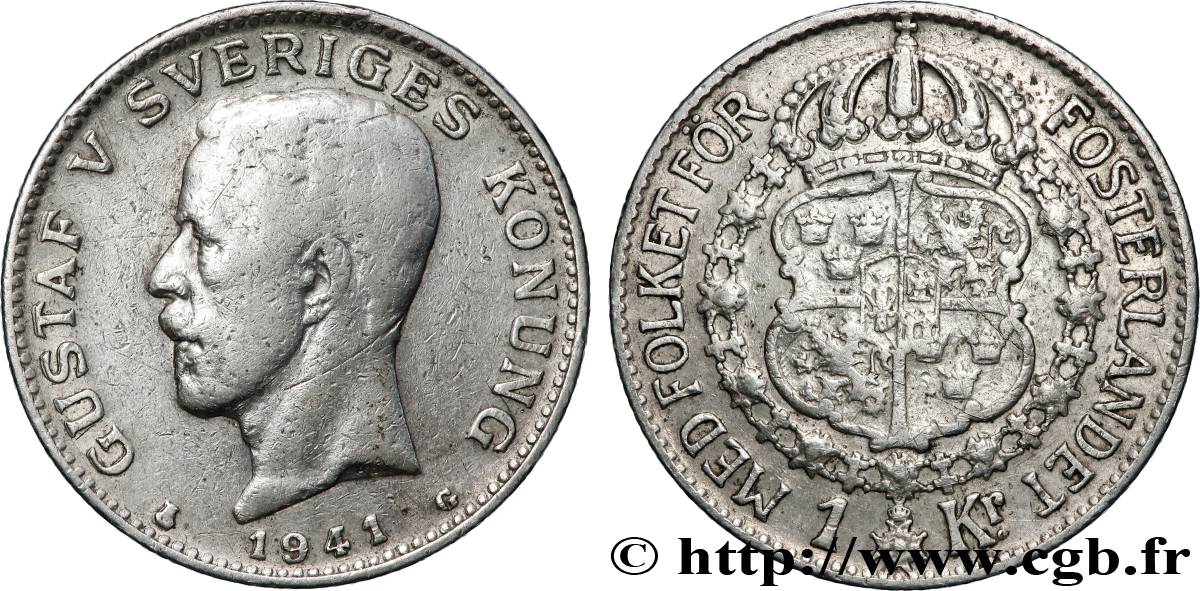 SWEDEN 1 Krona Gustave V 1941 Kungsholmen VF 