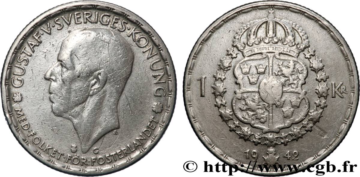 SWEDEN 1 Krona Gustave V 1942 Kungsholmen VF 