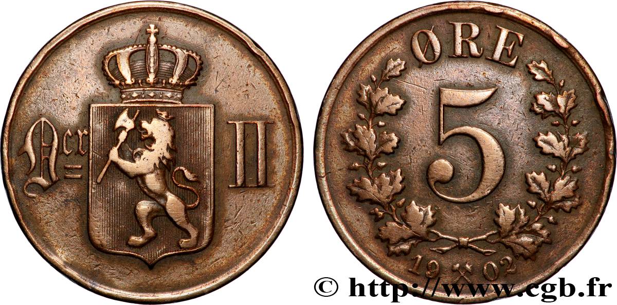 NORWAY 5 Ore Oscar II 1902 Konsberg VF 