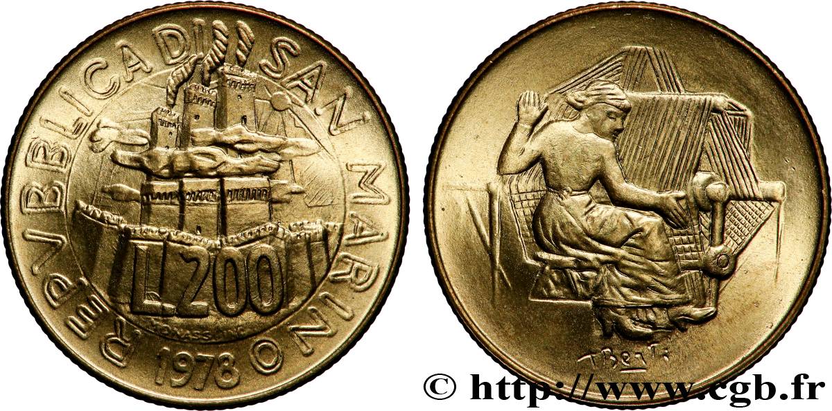 SAN MARINO 200 Lire vue des tour / femme au métier à tisser 1978 Rome - R MS 