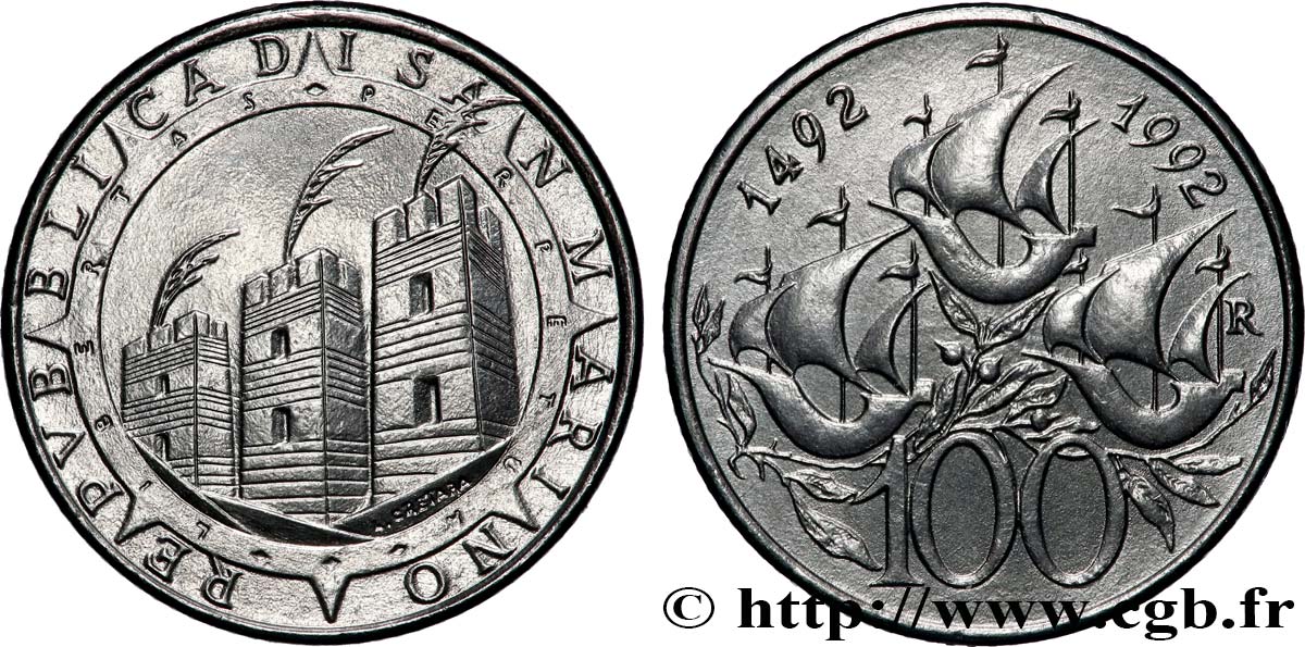SAN MARINO 100 Lire 500e anniversaire de la découverte de l’Amérique par Christophe Colomb 1992 Rome - R MS 