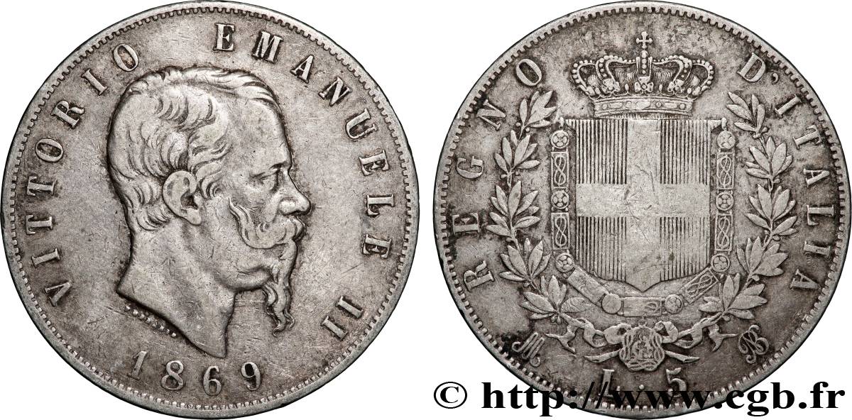 ITALIE 5 Lire Victor Emmanuel II 1869 Milan TB+ 