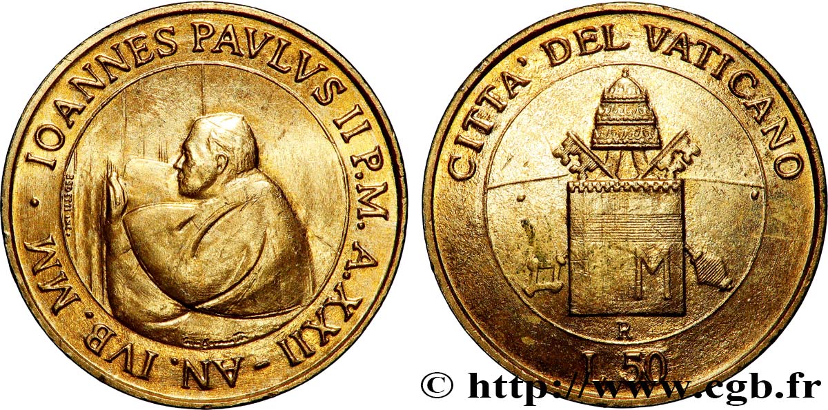 VATICAN AND PAPAL STATES 50 Lire Jean Paul II armes /  Jean-Paul II rencontrant le patriarche orthodoxe 2000 Rome MS 