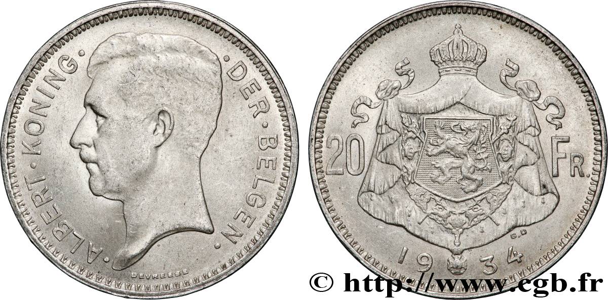BELGIQUE 20 Franken (Francs) Albert Ier légende Flamande 1934 Bruxelles TTB+ 