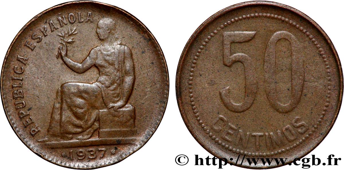 ESPAGNE 50 Centimos monnayage républicain 1937 Madrid TB+ 