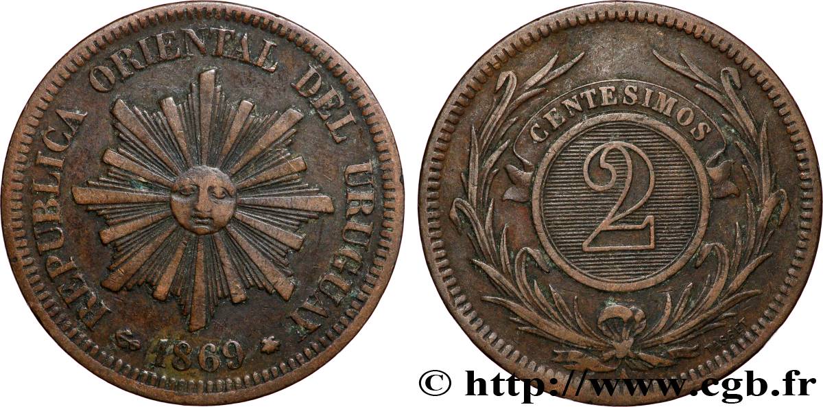 URUGUAY 2 Centesimos soleil 1869 Paris AU 
