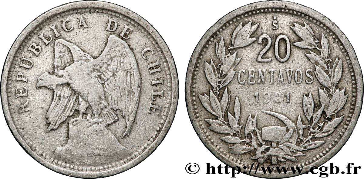 CHILE 20 Centavos Condor 1921 Santiago - S° VF 