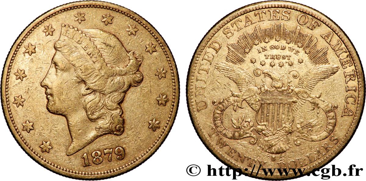 GOLD, PALLADIUM & PLATINUM INVESTMENT 20 Dollars  Liberty  1879 San Francisco XF 