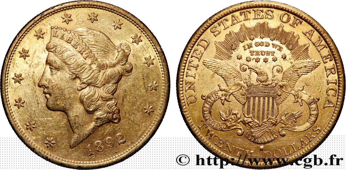 OR, PALLADIUM ET PLATINE INVESTISSEMENT 20 Dollars  Liberty  1892 San Francisco TTB+ 