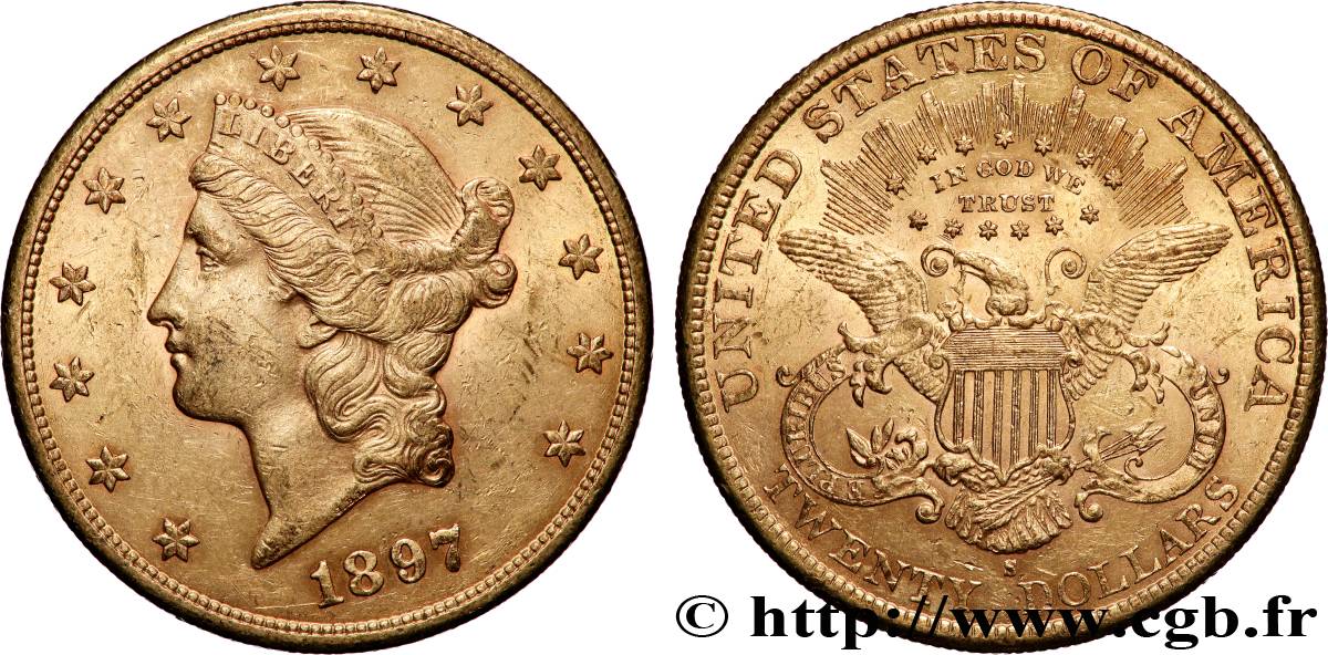 OR, PALLADIUM ET PLATINE INVESTISSEMENT 20 Dollars  Liberty  1897 San Francisco TTB+ 