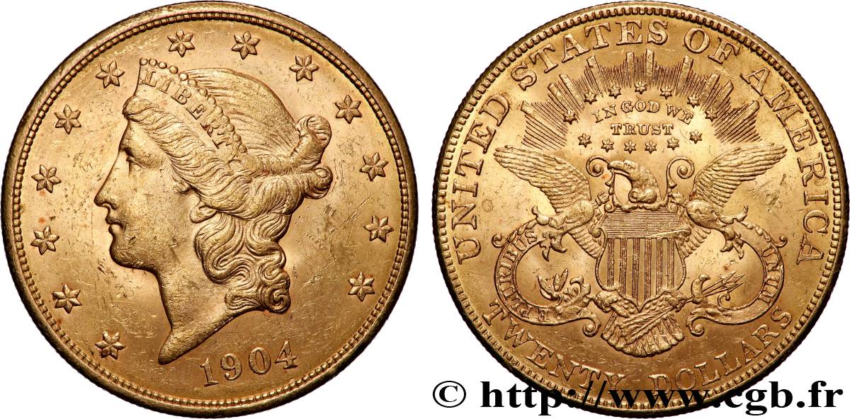 OR, PALLADIUM ET PLATINE INVESTISSEMENT 20 Dollars  Liberty  1904 Philadelphie SUP 