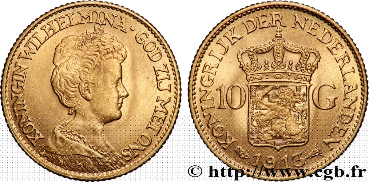 OR, PALLADIUM ET PLATINE INVESTISSEMENT 10 Gulden Wilhelmina 1913 Utrecht SUP 