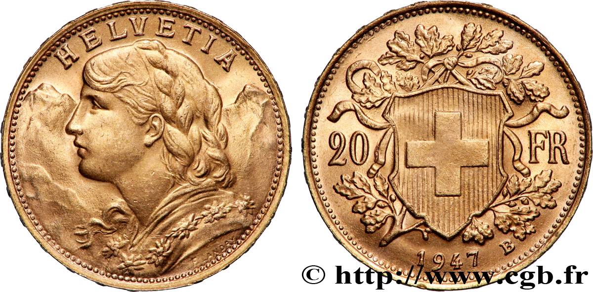 OR, PALLADIUM ET PLATINE INVESTISSEMENT 20 Francs or  Vreneli  1947 Berne SUP 