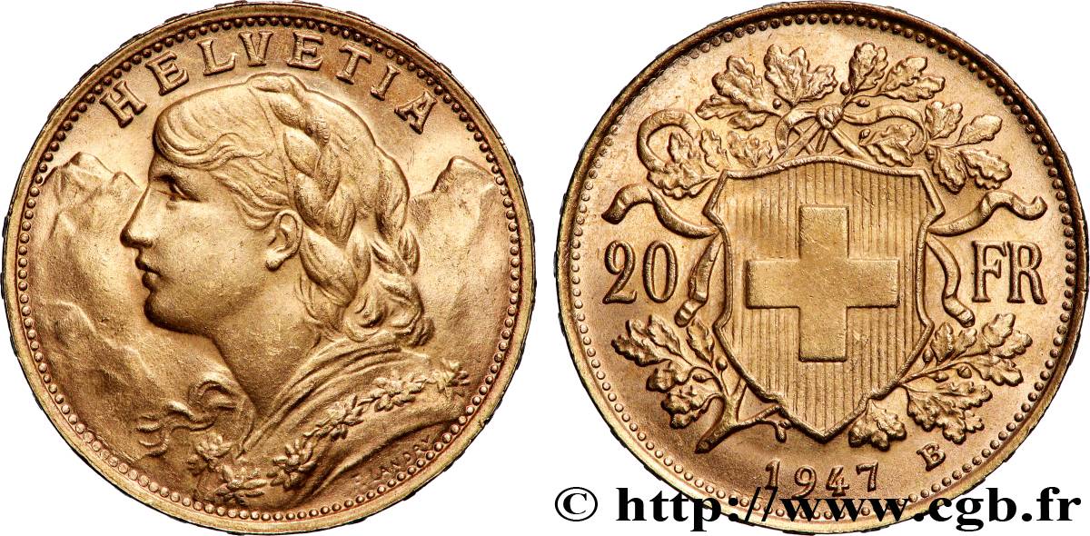 OR, PALLADIUM ET PLATINE INVESTISSEMENT 20 Francs or  Vreneli  1947 Berne SUP 