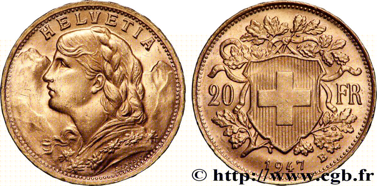 OR, PALLADIUM ET PLATINE INVESTISSEMENT 20 Francs or  Vreneli  1947 Berne SUP 