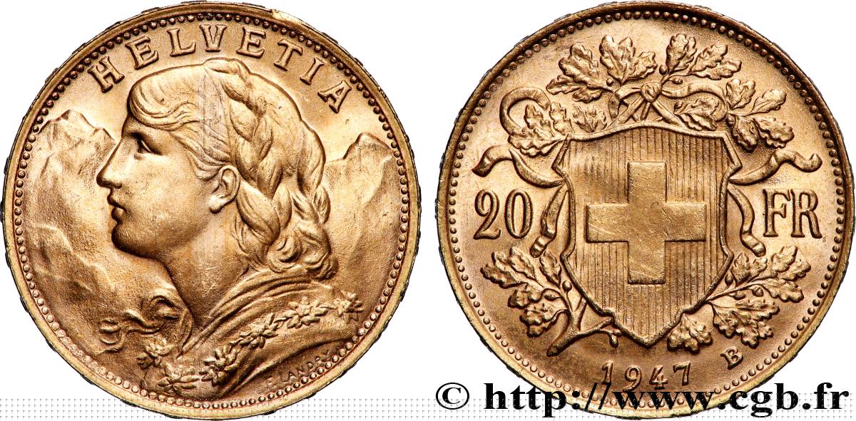 OR, PALLADIUM ET PLATINE INVESTISSEMENT 20 Francs or  Vreneli  1947 Berne SUP 