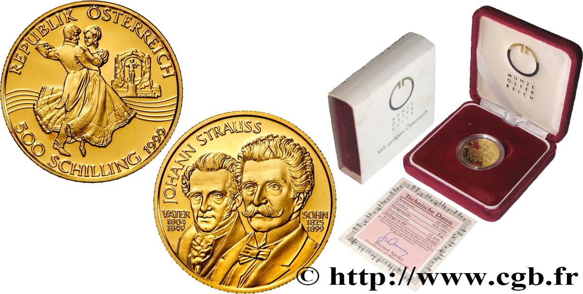 ÖSTERREICH 500 Schilling Proof Johann Strauss 1999 Vienne ST 