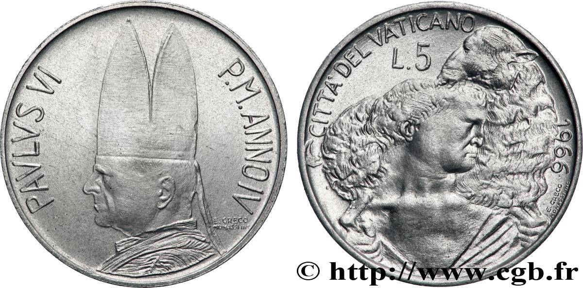 VATICAN AND PAPAL STATES 5 Lire Paul VI an III / Berger et agneau 1966 Rome MS 