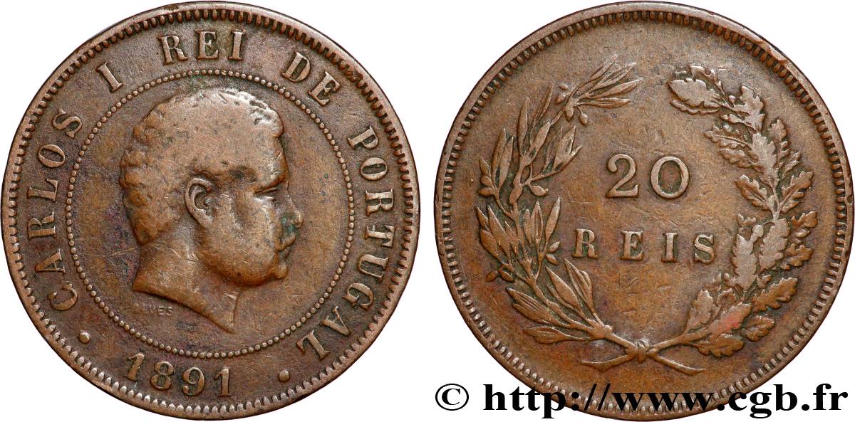 PORTUGAL 20 Réis Charles Ier 1891 Paris VF 