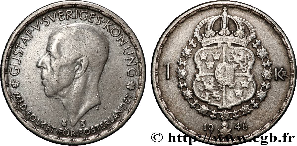 SVEZIA 1 Krona Gustave V 1946 Kungsholmen q.BB 