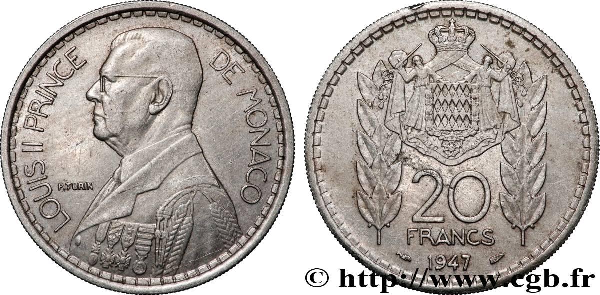 MONACO 20 Francs prince Louis II 1947 Paris AU 