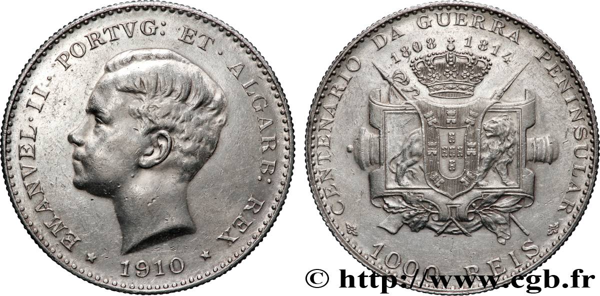 PORTUGAL 1000 Reis Emmanuel II - centenaire de la Guerre péninsulaire 1910  AU 