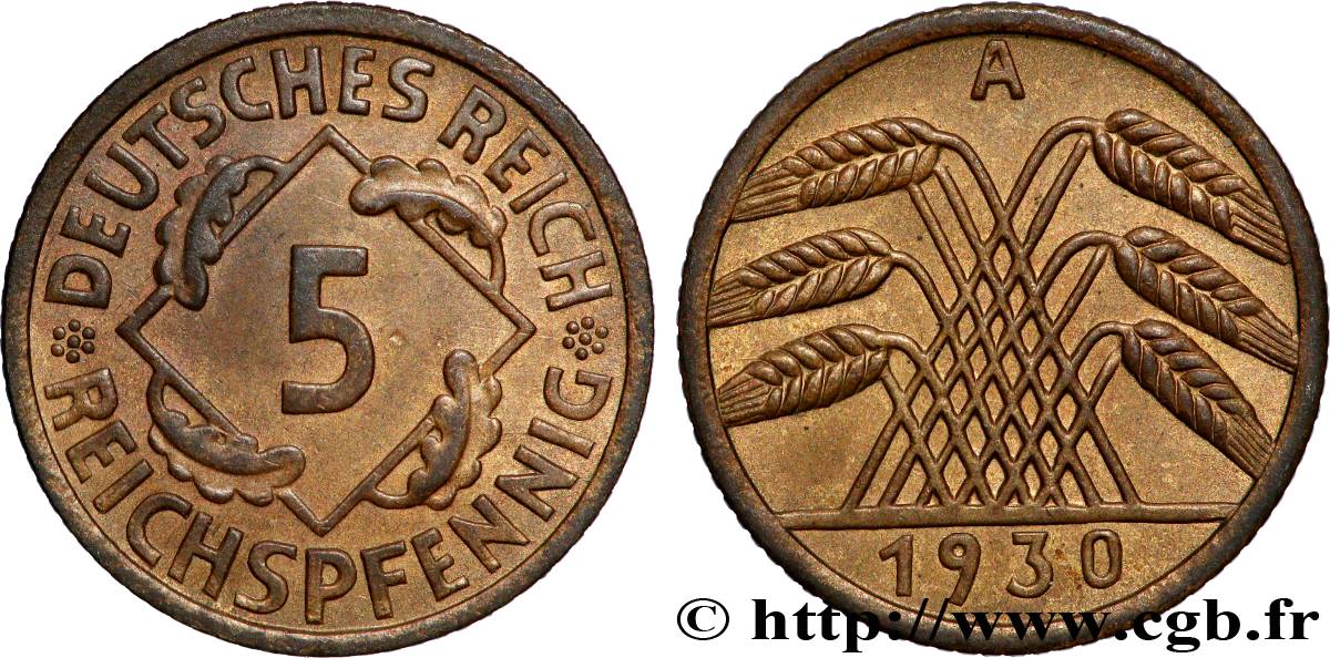 GERMANY 5 Reichspfennig gerbe de blé 1930 Berlin AU 