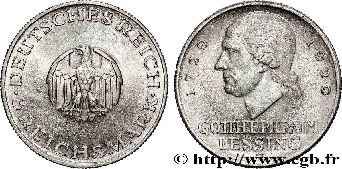 DEUTSCHLAND 3 Reichsmark Gotthold Ephraim Lessing 1929 Hambourg fVZ 