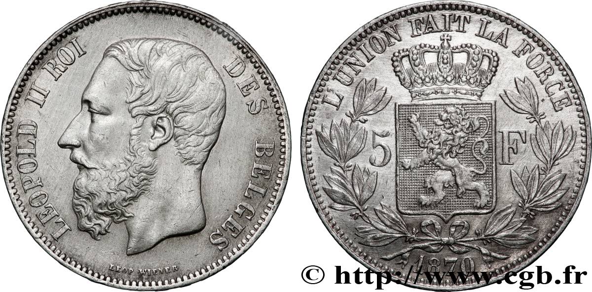 BELGIQUE - ROYAUME DE BELGIQUE - LÉOPOLD II 5 Francs 1870  TTB+ 