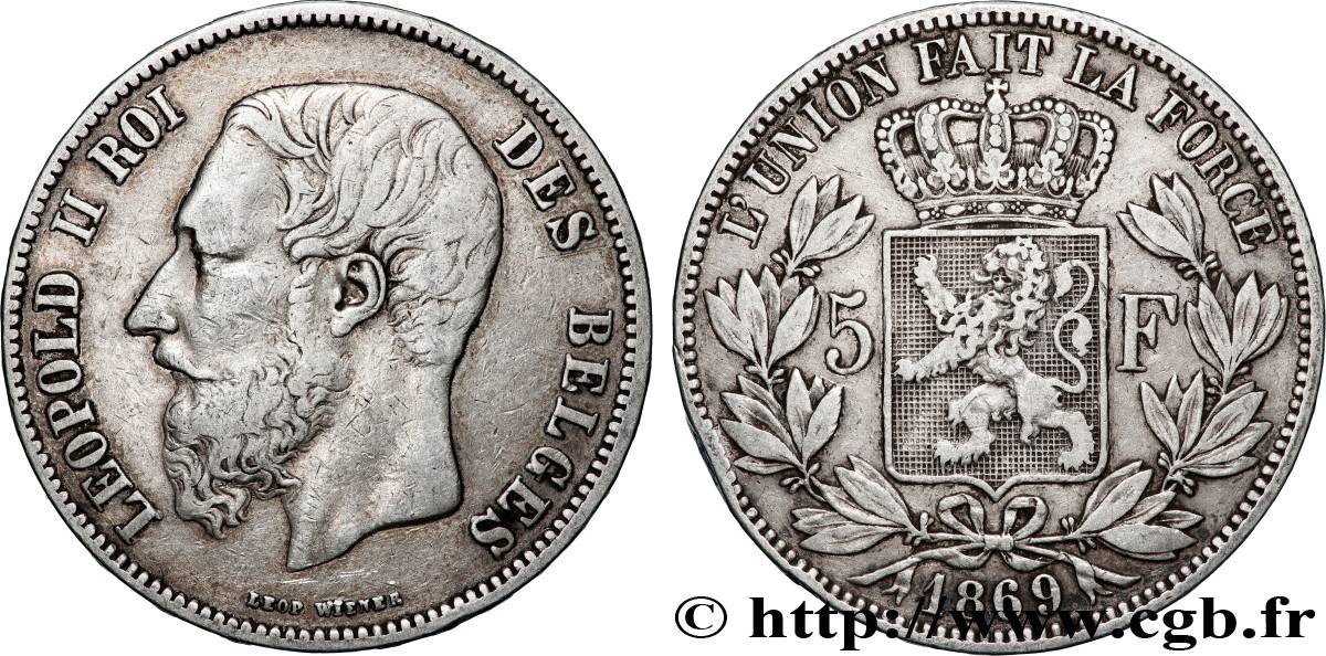BELGIQUE - ROYAUME DE BELGIQUE - LÉOPOLD II 5 Francs  1869  XF 
