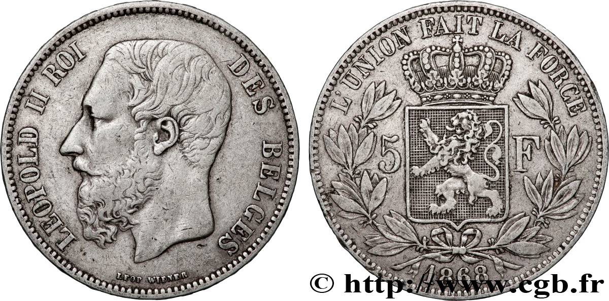 BELGIQUE - ROYAUME DE BELGIQUE - LÉOPOLD II 5 Francs  1868  TTB 