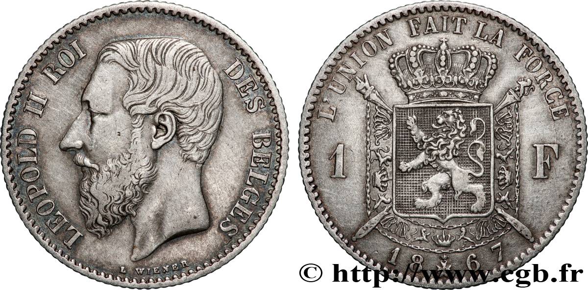 BELGIQUE 1 Franc Léopold II légende française 1867 Bruxelles TTB/TTB+ 