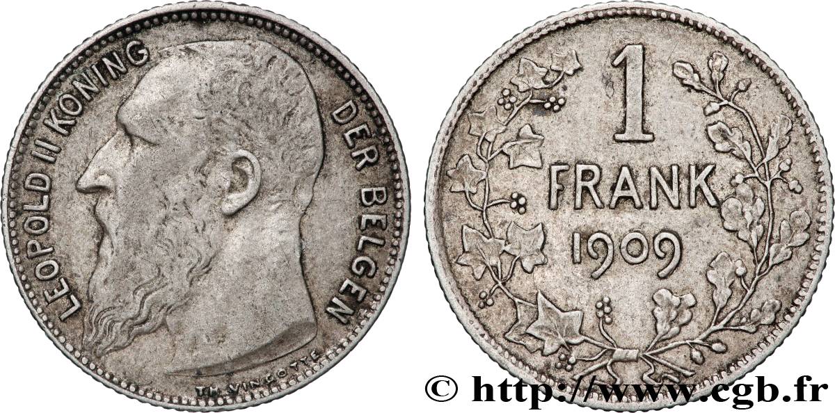 BELGIUM 1 Frank (Franc) Léopold II légende flamande 1909 Bruxelles XF 