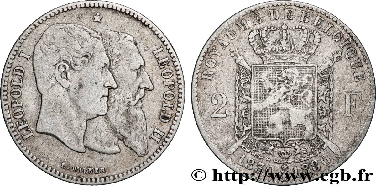 BÉLGICA 2 Francs 50e anniversaire de l’indépendance 1880  BC+ 