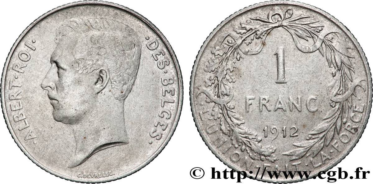 BELGIEN 1 Franc Albert Ier légende française 1912 Bruxelles SS 