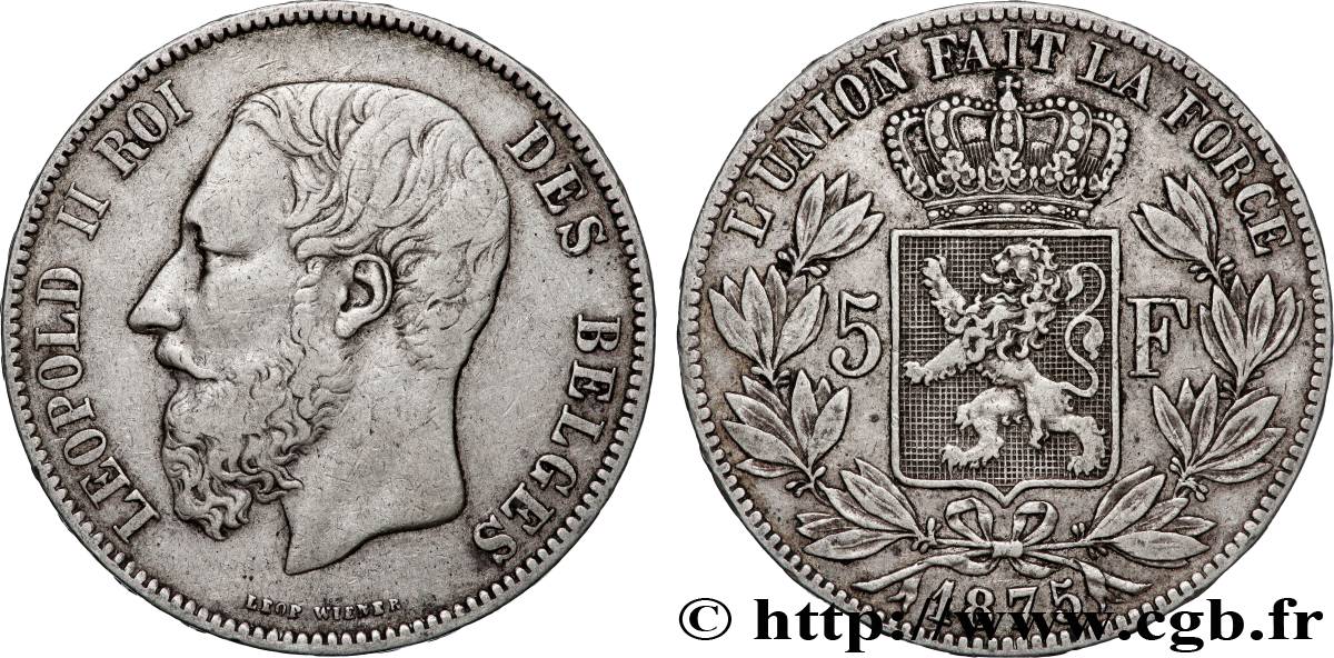BELGIQUE - ROYAUME DE BELGIQUE - LÉOPOLD II 5 Francs  1875  XF 