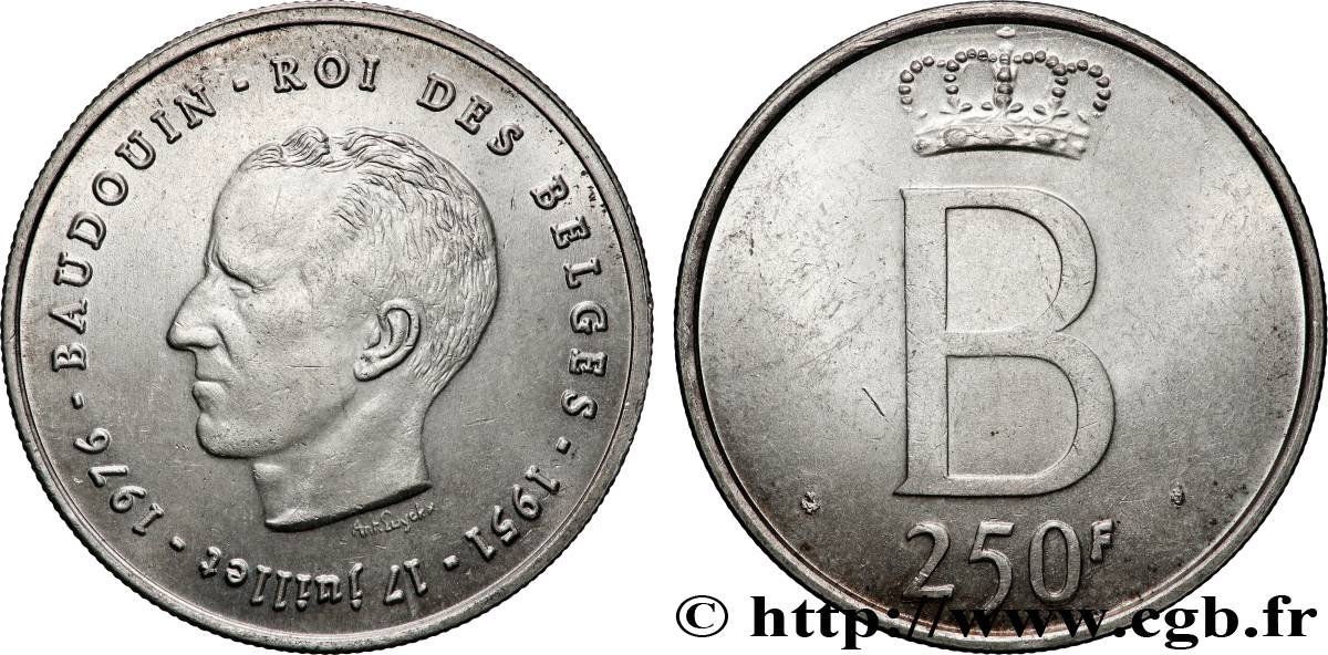 BELGIUM 250 Francs jubilé d’argent du roi Baudouin légende française 1976 Bruxelles AU 