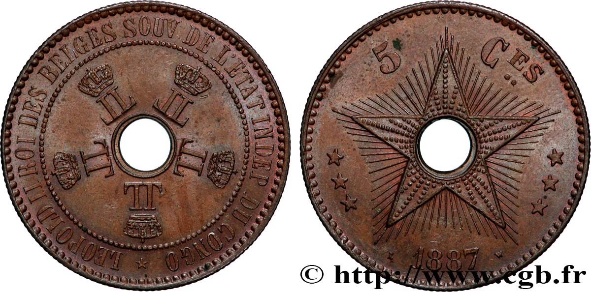 CONGO FREE STATE 5 Centimes Léopold II 1887  AU 