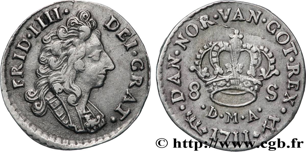ROYAUME DU DANEMARK - FRÉDÉRIC IV 8 Skilling  1711 Konsberg TTB+ 