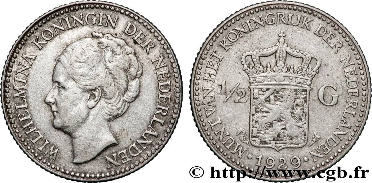 NETHERLANDS 1/2 Gulden Wilhelmina 1929  AU 